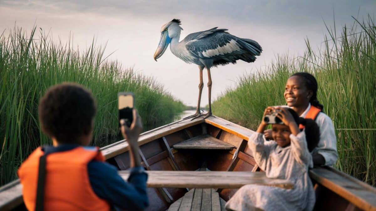 Dinosaurierähnlicher Vogel landet auf einem Ausflugsboot in Uganda