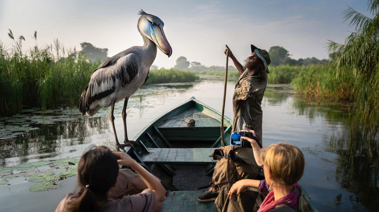 Dinosaurierartiger Vogel landet auf einem Touristenboot in Uganda